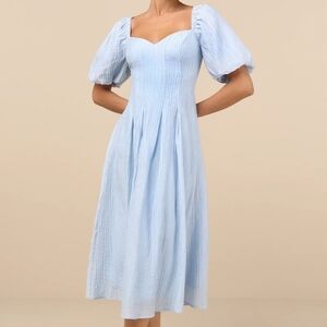 Lulus Heavenly Energy Blue Textured Puff Sleeve Pleated Midi Dress